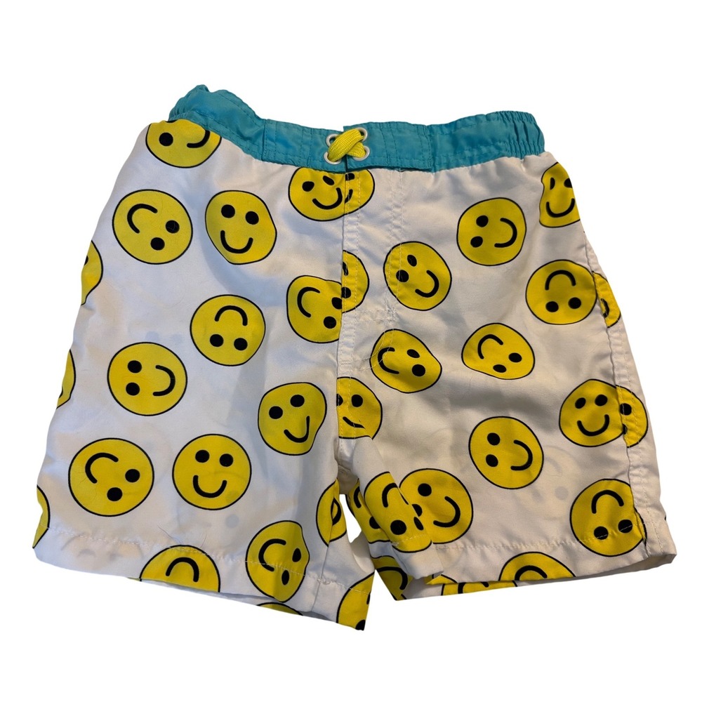 Lily & Dan‎ Boys Smiley Face Swim Trunks White Teal XS Board Shorts